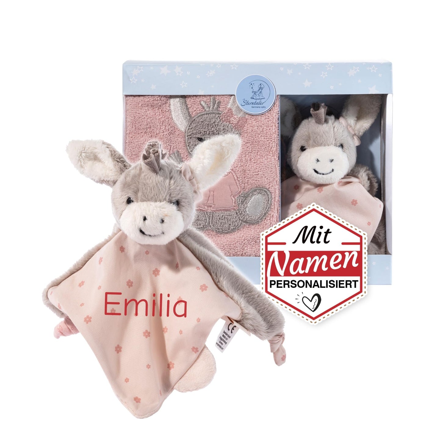 LALALO Sterntaler Emmi Girl Esel Baby Geschenkset mit Namen bestickt zur Geburt Taufe Mädchen